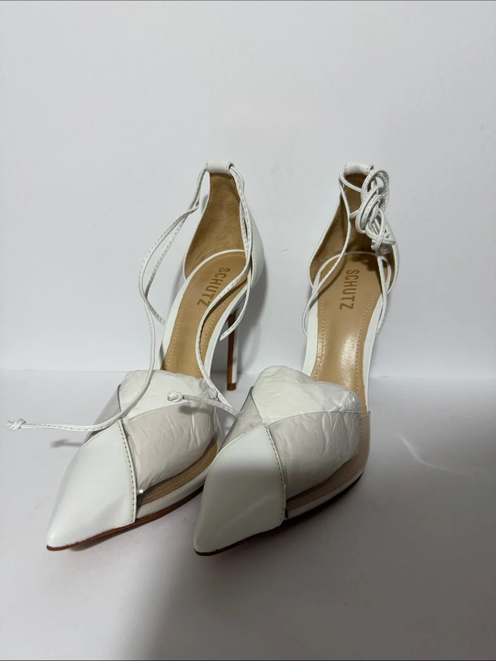 SCHUTZ White Pointed Lace-Up Heels with Ankle Wrap